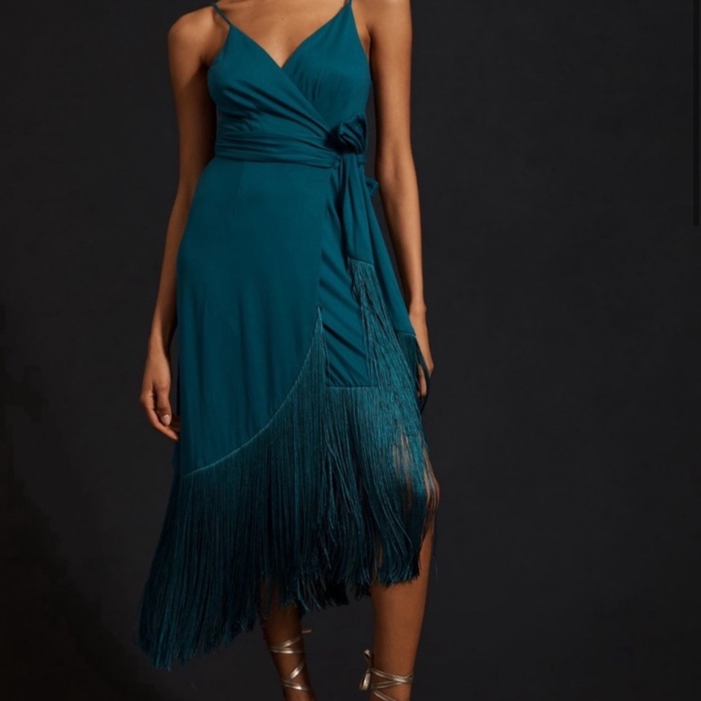 Hutch Teal Fringed Party Wrap Dress